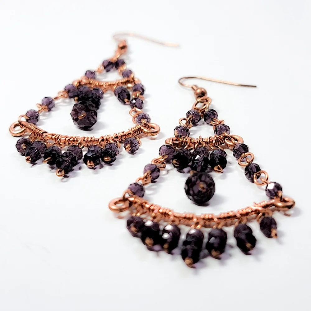 Handcrafted Copper & Amethyst Crystal Chandelier Earrings - Picture 4 of 6